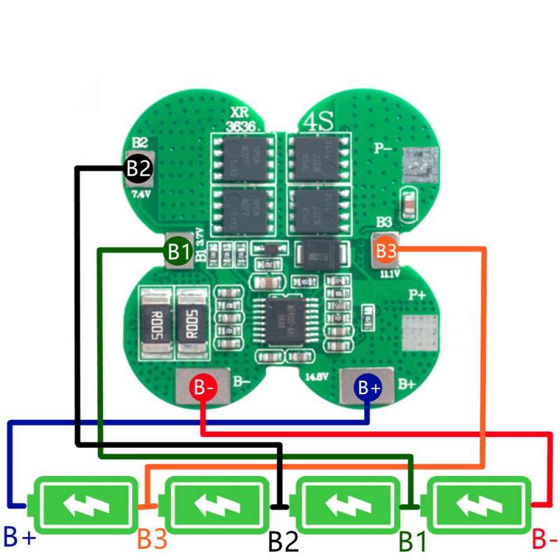 Vue composants BMS 4S 15A avec 4 MOS